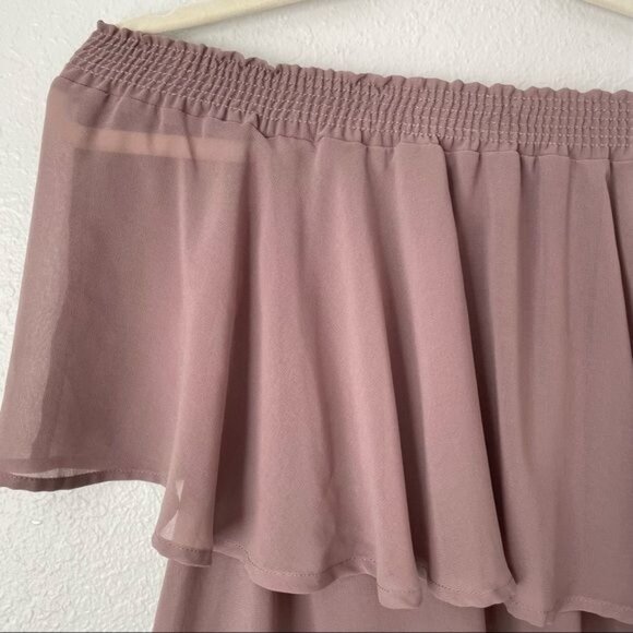 Show Me Your Mumu brown ruffle off shoulders elastic neckline chiffon top - Picture 2 of 6